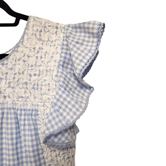 J Marie Blue Gingham Cotton Floral Embroidered Dress Size S - Picture 3 of 10
